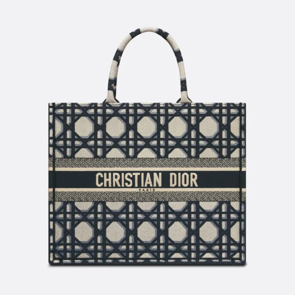 DIOR / LARGE DIOR BOOK TOTE Beige and Blue Macrocannage Embroidery (42 x 35 x 18.5 cm)