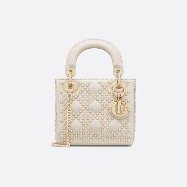 DIOR / MINI LADY DIOR BAG Latte Crinkle-Effect Lambskin with White Resin Half-Pearl Cannage Motif M0505OWFX_M941