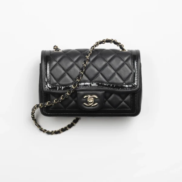 CHANEL / MINI FLAP BAG Lambskin. Patent Calfskin & Gold-Tone Metal Black