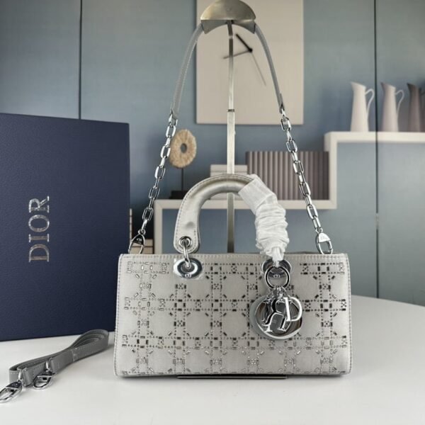 Dior satin diamond-encrusted Princess Diana bag grey 2320 size: 26*13*6cm