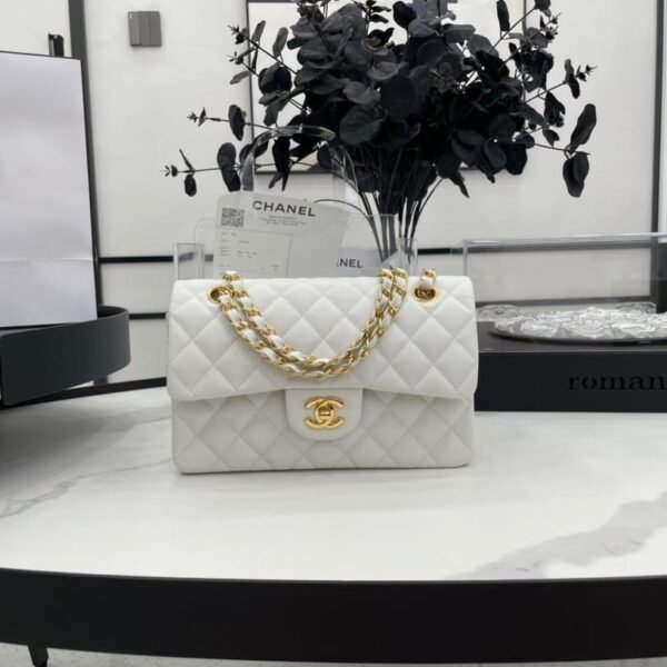 Chanel classic flap caviar leather crossbody bag with gold hardware white